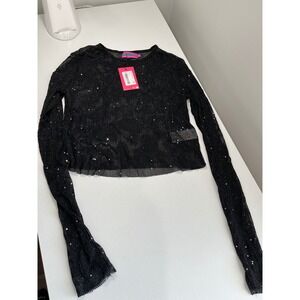 New Edikted Black Shimmer Rhinestone Mesh Long Sleeve Crop Top S15418 Medium